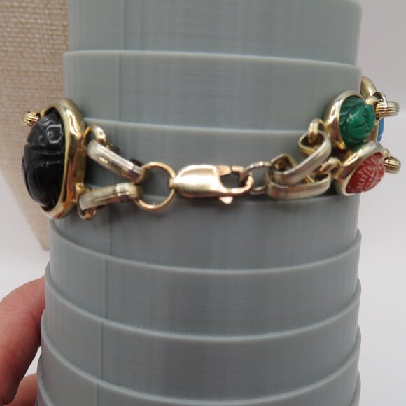 Egyptian Revival Double Strand Scarab Gold Tone Bracelet - Picture 12 of 13